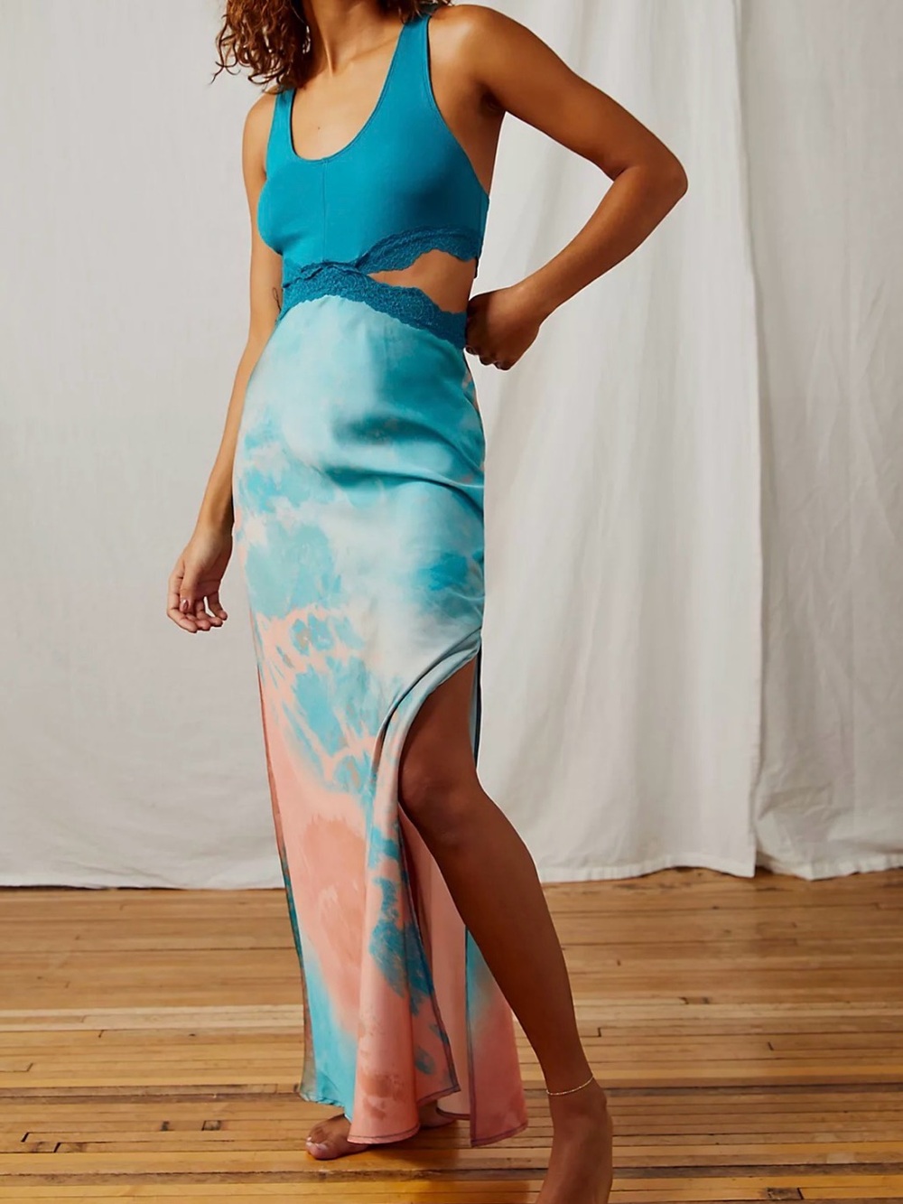 Free People Teal & Peach Tie-Dye Satin Maxi Dress size XS
